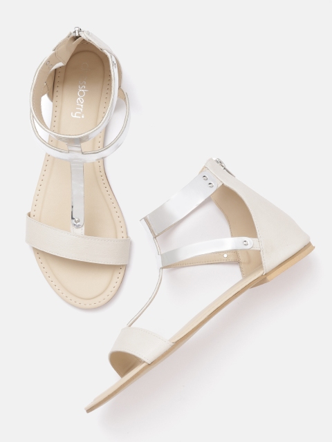 

DressBerry Women Off-White & Silver-Toned Mid-Top Colourblocked Gladiators