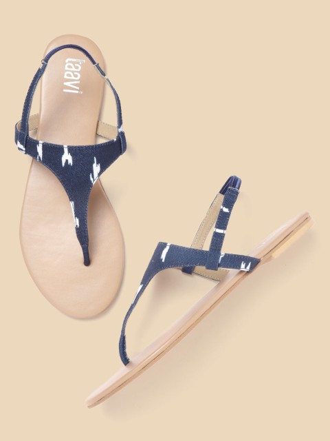 

Taavi Women Navy Blue and White Printed T-Strap Flats
