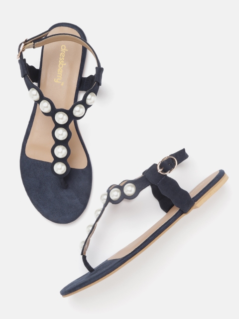 

DressBerry Women Navy Blue & White Beaded T-Strap Flats