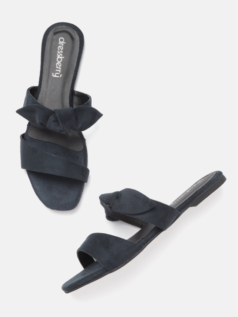 

DressBerry Women Navy Blue Suede Finish Open Toe Flats with Bow Detail