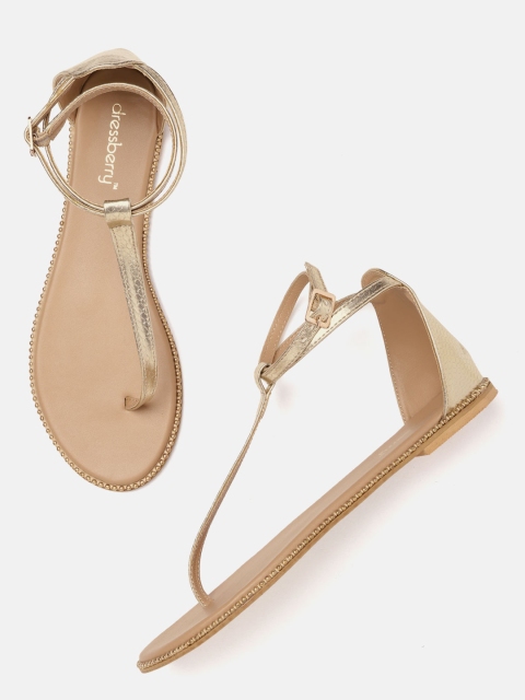 

DressBerry Women Gold-Toned Snakeskin Textured Mid-Top T-Strap Flats