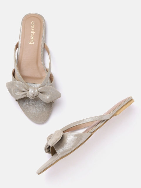 

DressBerry Women Beige Shimmer Open Toe Flats with Bow Detail