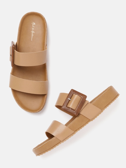 

Mast & Harbour Women Tan Brown Solid Open Toe Flats with Buckle Detail