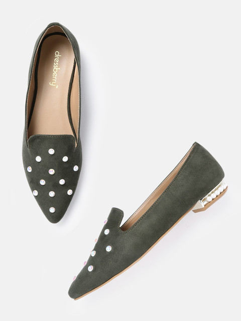 

DressBerry Women Olive Green & Off-White Beaded Slip-Ons