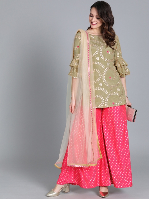 

EthnoVogue Women Olive Green & Pink Made to Measure Kurti with Palazzos & Dupatta