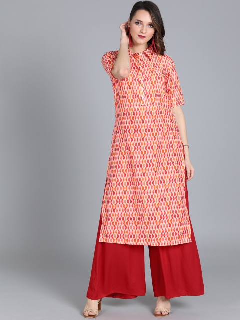 

EthnoVogue Women Cream-Coloured & Red Made to Measure Kurta with Palazzos