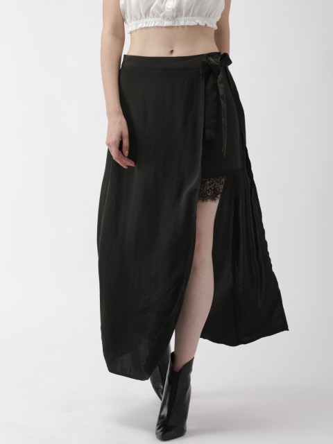 

FOREVER 21 Women Black Solid Layered Skirt With Lace inserts