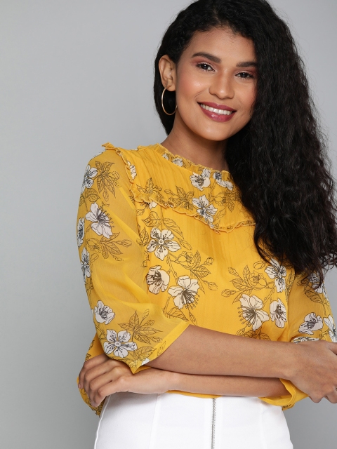 

HERE&NOW Women Mustard Yellow & White Printed Top With Ruffle Detail