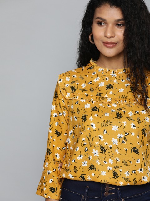 

HERE&NOW Women Mustard Yellow & Black Printed Regular Top