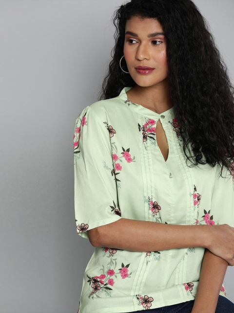 

HERE&NOW Women Green & Pink Printed Top With Accordion Pleats