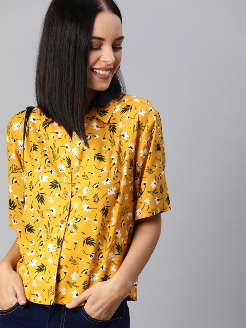 

HERE&NOW Women Mustard Yellow & White Regular Fit Printed Casual Shirt