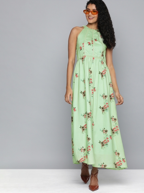 

HERE&NOW Women Sea Green & Pink Printed Maxi Dress