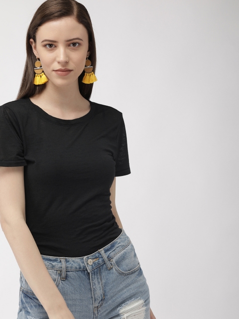 

FOREVER 21 Women Black Solid Round Neck T-shirt