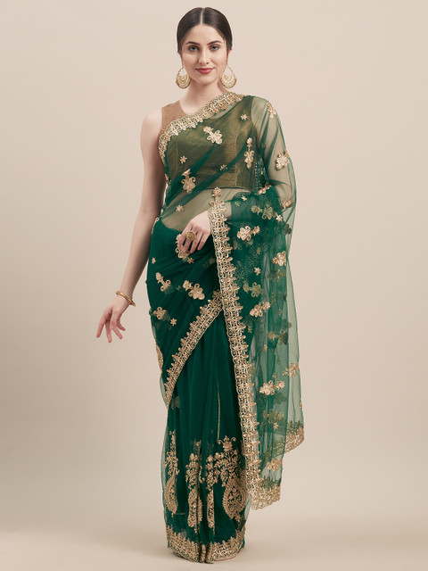 

Tikhi Imli Green & Gold-Coloured Net Embroidered Saree