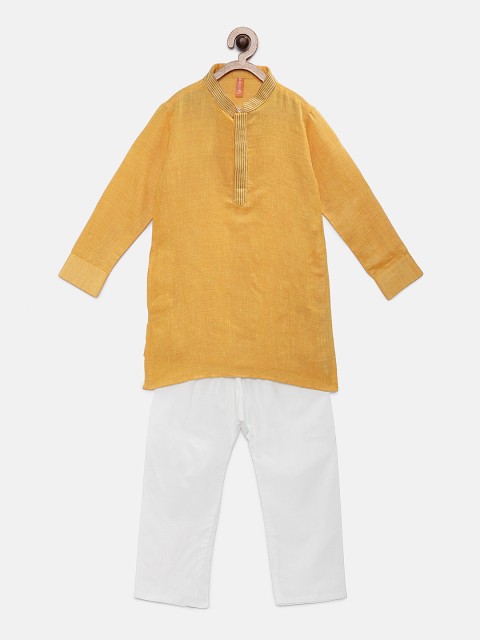 

Ethnicity Boys Mustard Yellow & White Solid Kurta with Pyjamas