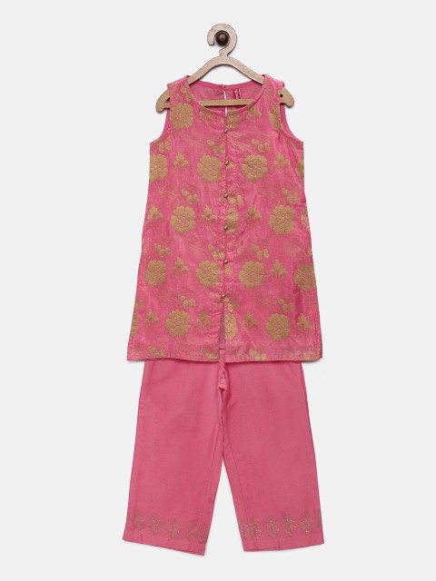 

Ethnicity Girls Pink Embroidered Kurti with Pyjamas