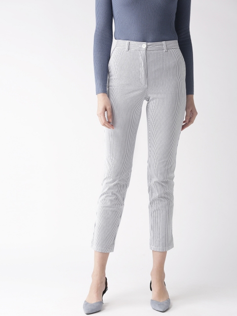 

Marks & Spencer Women White & Navy Blue Tapered Fit Striped Regular Trousers