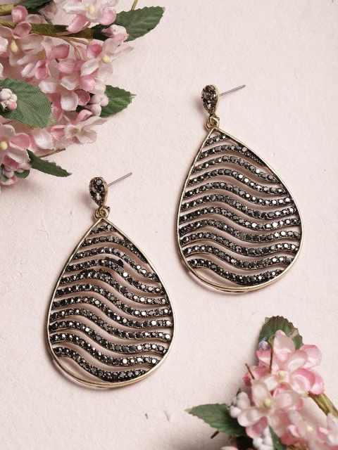 

Rubans Gold-Toned & Black Classic CZ Stone Drop Earrings