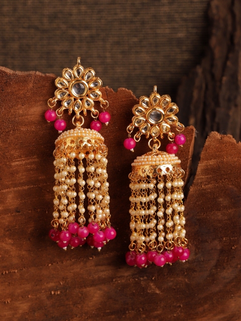 

Fabstreet Gold-Plated & Pink Dome Kundan Studded Tasselled Shaped Jhumkas