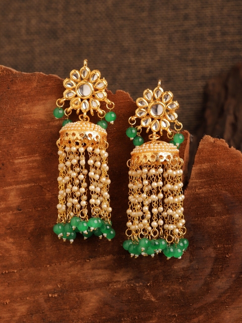

Fabstreet Gold-Plated & Green Kundan Stone Studded Tasselled Classic Jhumkas