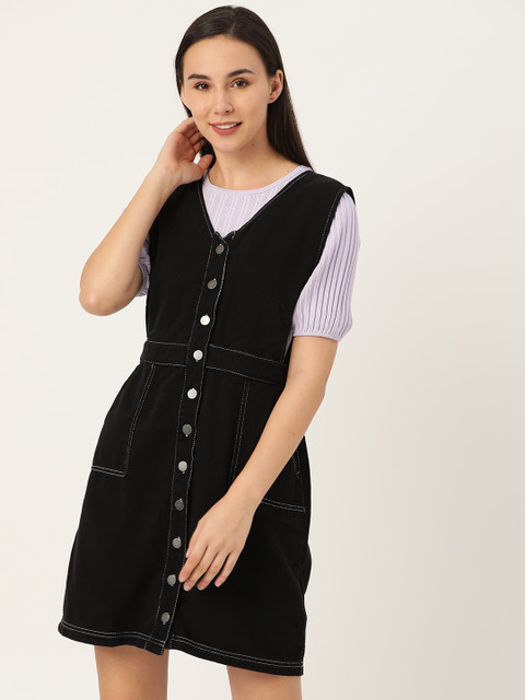 

DressBerry Women Black Solid Denim Pinafore Dress
