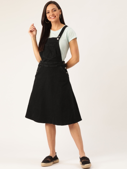 

DressBerry Women Black Solid Denim Pinafore Dress