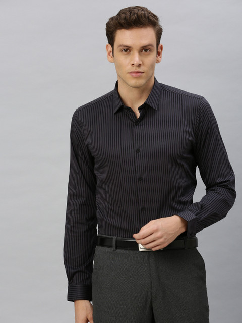 

Louis Philippe Sport Men Charcoal Grey & Black Super Slim Fit Striped Formal Shirt