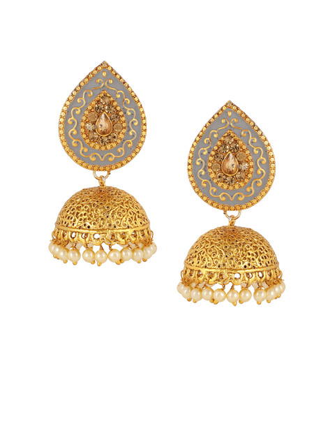 

Shining Diva Gold-Plated & Grey Teardrop Shaped Jhumkas