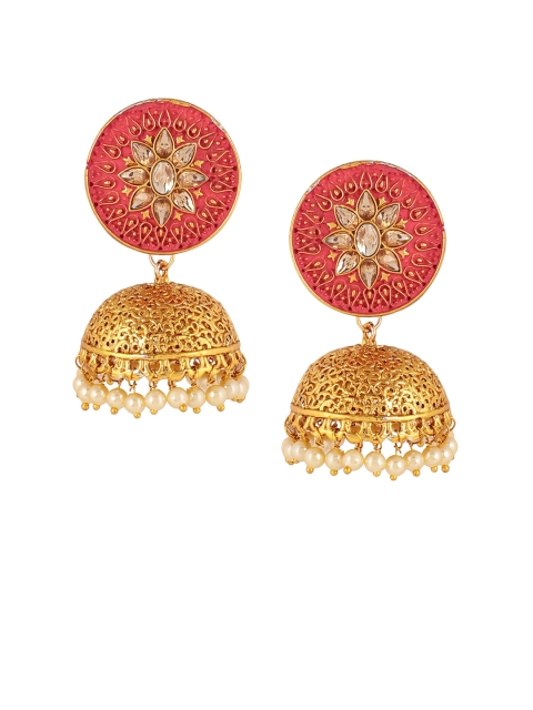 

Shining Diva Gold-Plated & Pink Dome Shaped Jhumkas
