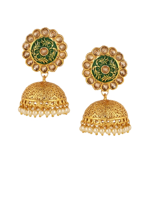 

Shining Diva Gold-Plated & Green Dome Shaped Jhumkas