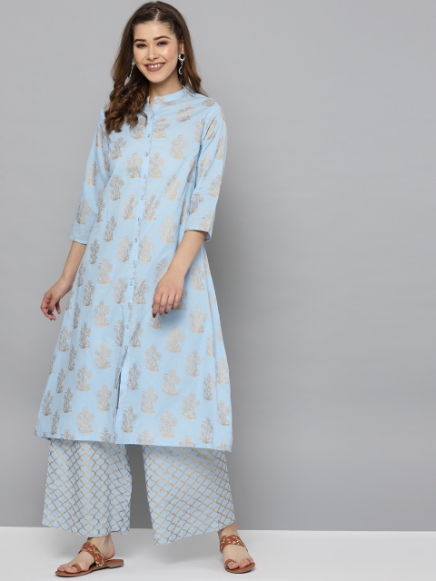 

HERE&NOW Women Blue & Golden Printed A-Line Kurta with Palazzos