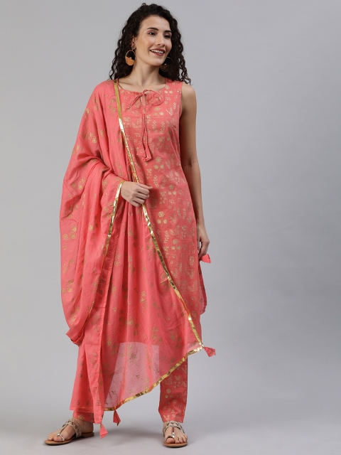 

HERE&NOW Women Coral Pink & Golden Foil Printed Kurta with Trousers & Dupatta