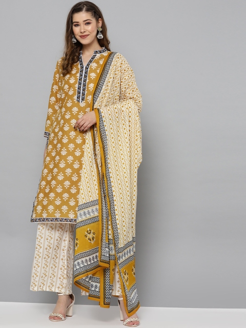 

HERE&NOW Women Mustard Yellow & Off-White Printed Kurta with Palazzos & Dupatta