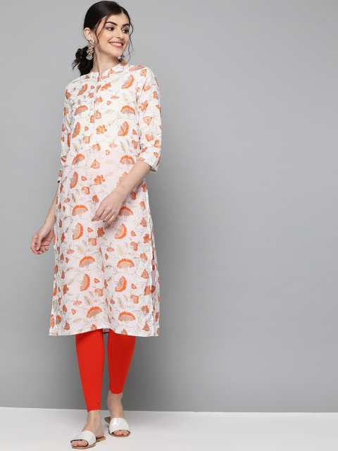 

HERE&NOW Women Off-White & Orange Printed Straight Kurta