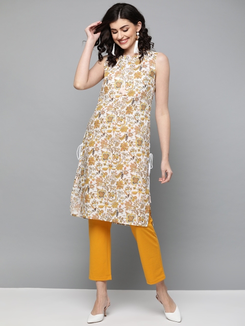 

HERE&NOW Women Off-White & Mustard Yellow Printed Straight Kurta