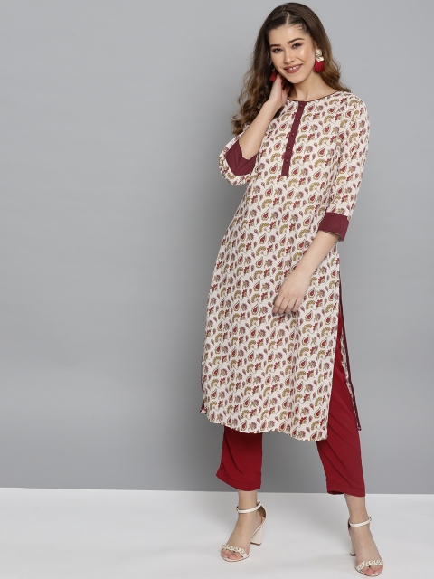 

HERE&NOW Women Off-White & Maroon Printed Straight Kurta