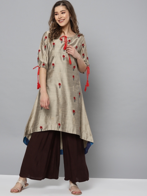 

HERE&NOW Women Beige & Red Floral Embroidered High-Low A-Line Kurta