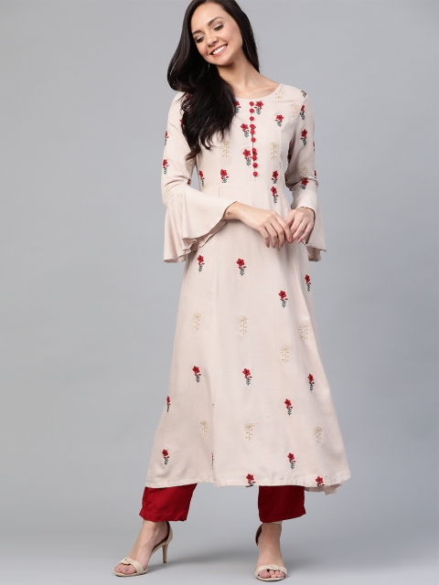 

HERE&NOW Women Pink & Red Floral Embroidered A-Line Kurta