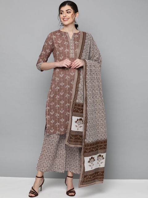 

HERE&NOW Women Brown & White Printed Kurta with Palazzos & Dupatta