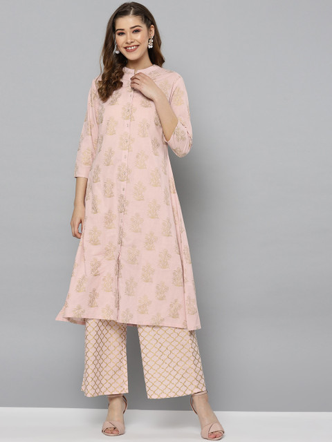 

HERE&NOW Women Pink & Golden Printed Kurta with Palazzos