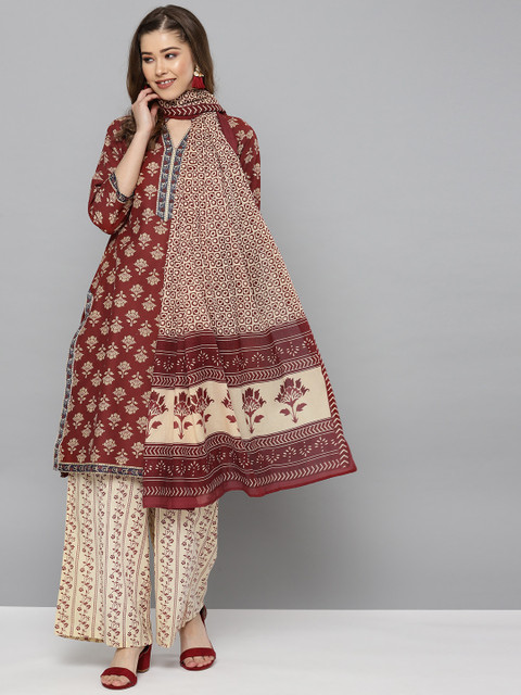 

HERE&NOW Women Maroon & Beige Printed Kurta with Palazzos & Dupatta