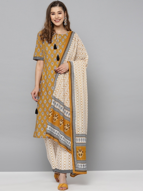

HERE&NOW Women Mustard Yellow & White Printed Kurta with Palazzos & Dupatta