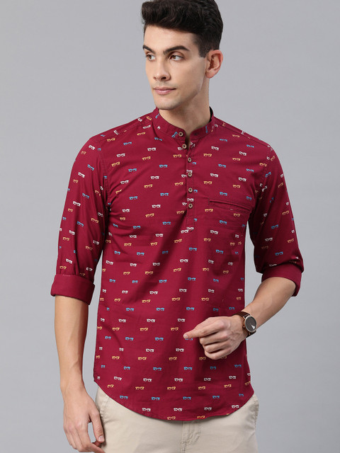 

IVOC Men Maroon & Blue Printed Straight Kurta