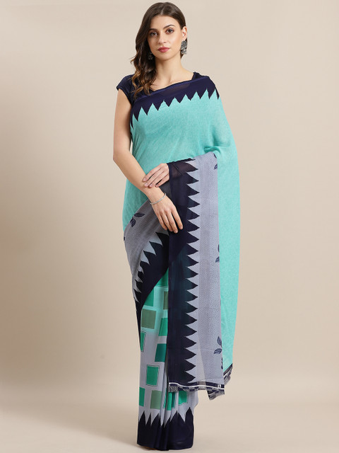 

GoSriKi Green & Navy Blue Printed Saree