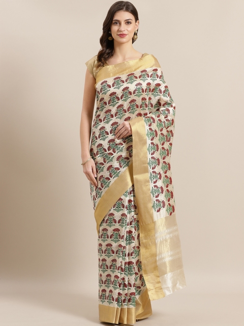 

GoSriKi Cream-Coloured & Maroon Printed Mysore Silk Saree