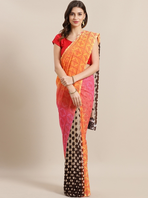 

GoSriKi Cream-Coloured & Orange Printed Saree