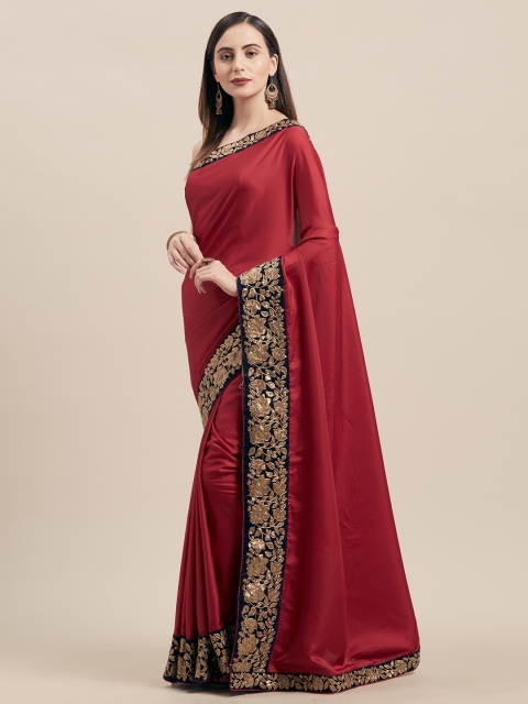

Indian Women Maroon Solid Poly Silk Saree