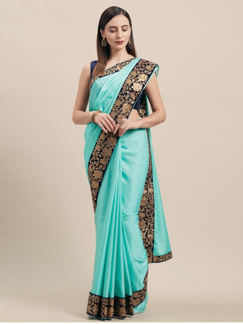 

Indian Women Green & Navy Blue Poly Silk Solid Saree