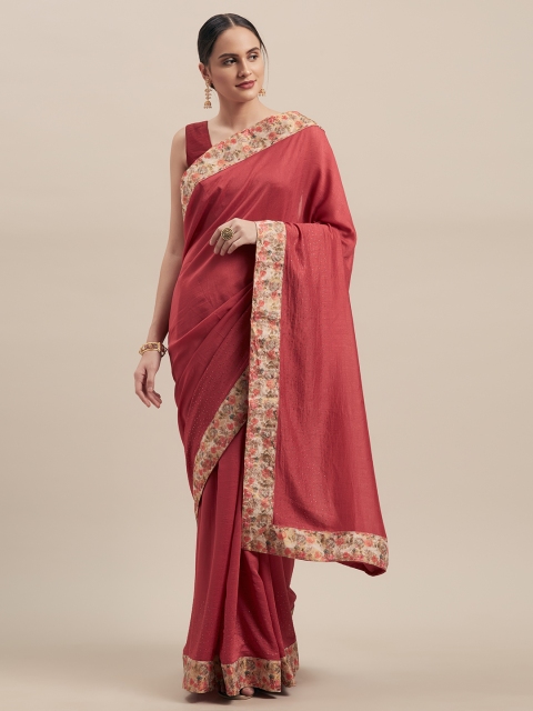 

Indian Women Pink & Cream-Coloured Poly Silk Solid Saree