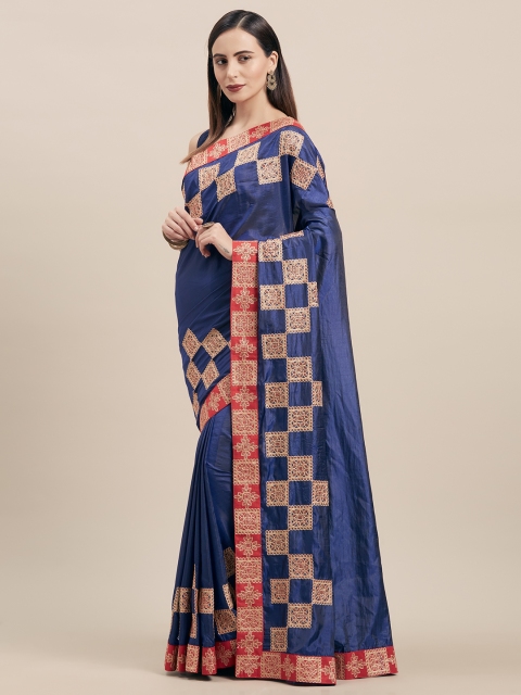 

Indian Women Blue & Red Poly Silk Embroidered Saree